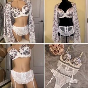 Victoria’s Secret Satin Paisley Eyelet/Lace Bra/Kimono/Garter.Thong 34DD/L Set
